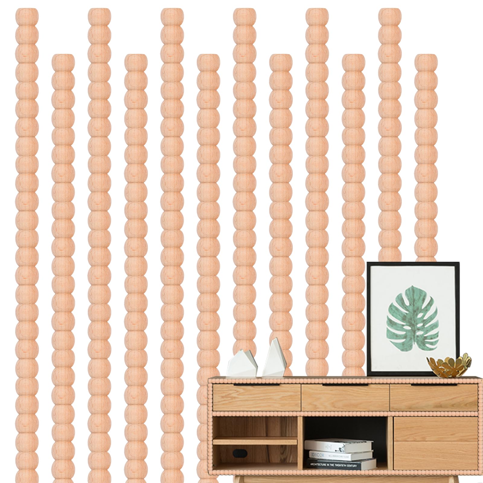 CAIYUANGUANGJIN 12pcs Decorative Beading Wood Trim, 15.75 Inch Half Wooden Beads Bobbin Trim Molding, Unfinished 3D Moulding Trim Strips for DIY Home Shelf Wall Cabinet Furniture Window Door Decor