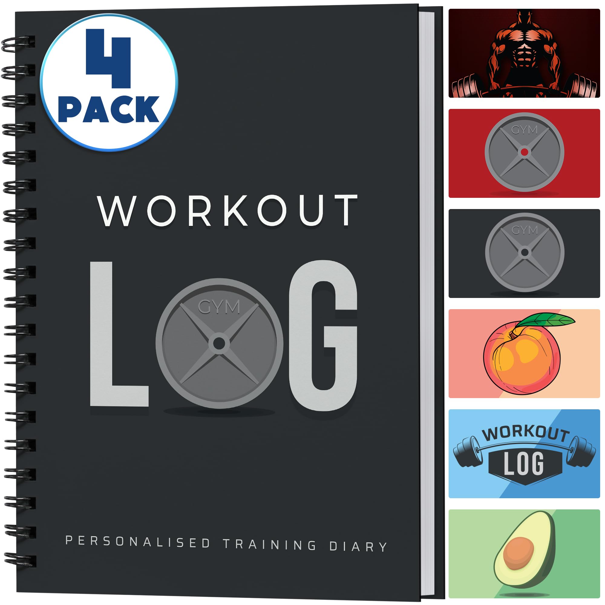 Workout Planner for Daily Fitness Tracking & Goals Setting - 4 Pack, A5 Size, 6” x 8”, Charcoal Gray - Improved Thicker Cover - Men & Women Home & Gym