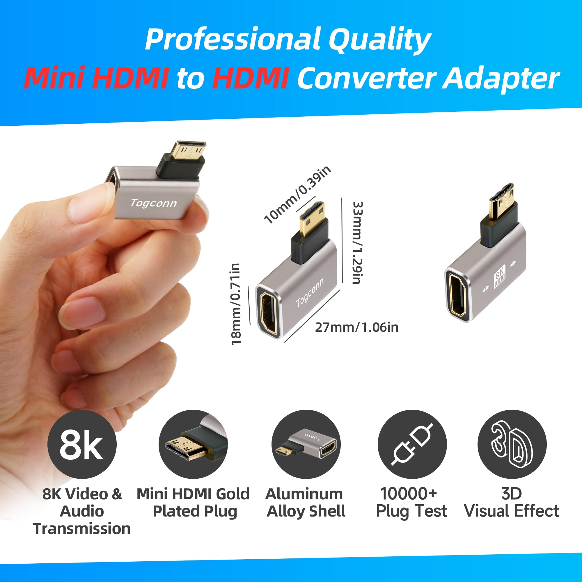 Adaptador mini HDMI a HDMI de 90 grados, 2 unidades, ángulo recto plano (izquierdo y derecho), mini HDMI macho a HDMI hembra, conector convertidor en forma de L, compatible con 8K a 60Hz, 4K a 120Hz