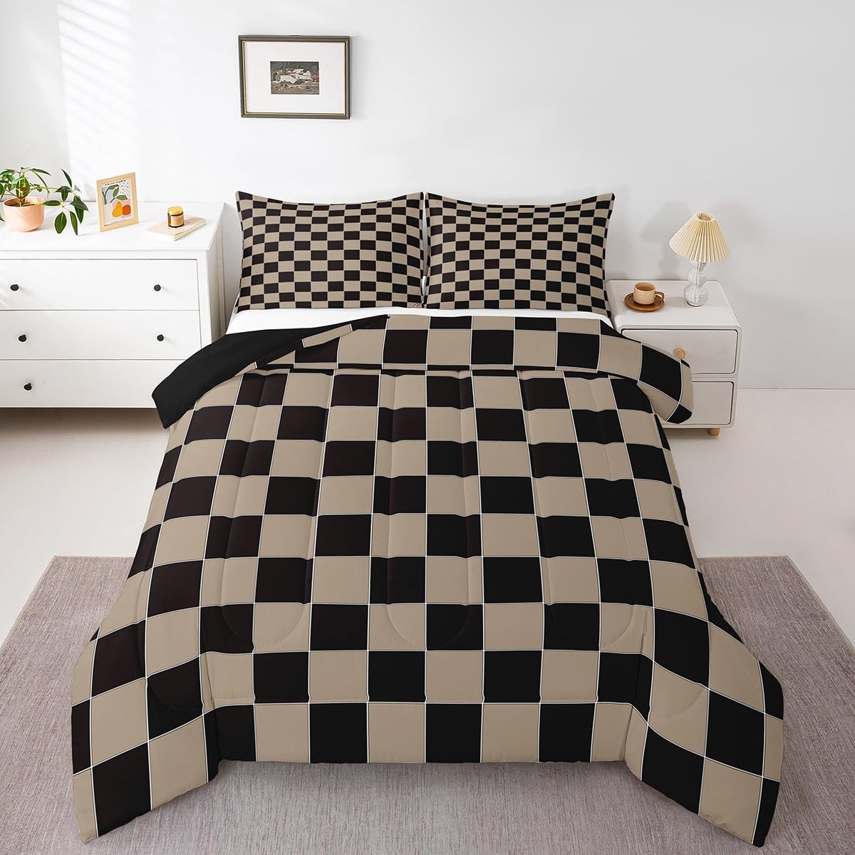 Erosebridal Geometric Plaid Comforter Set King Beige Black Brown Checkerboard Quilt Set Checkered Grid Bedding Set for Kids Boys Men,Modern Aesthetic Duvet Set Room Decor 3 Pcs