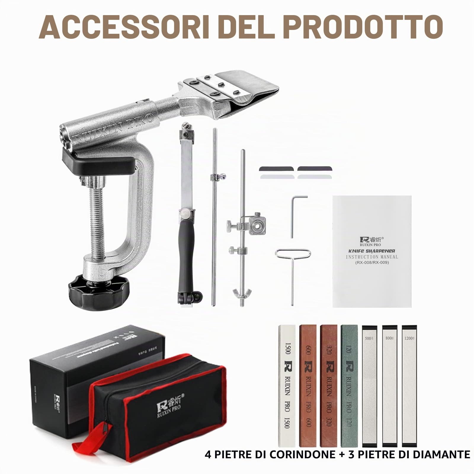 RUIXIN PRO RX008 Affilacoltelli professionale con 7 pietre per affilare, rotazione a 360° design a vibrazione ad angolo fisso in acciaio inox da cucina chef kit affilatura utensili per sistema di