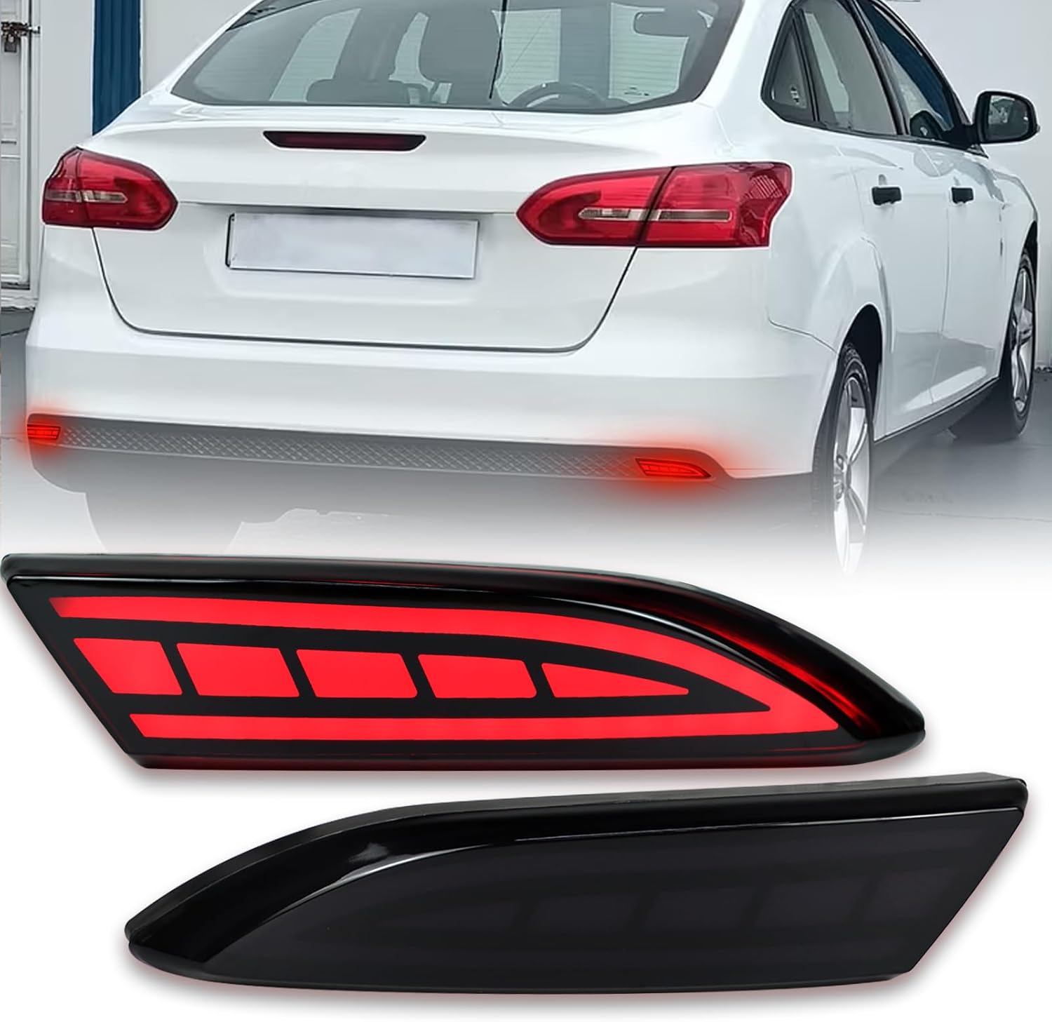 LED Rear Bumper Reflectors Light Fog Brake Tail Lamps Compatible with Ford Focus 2012-2018 Pair Driver and Passenger Side Sedan/Hatchback (Not Fit ST& SEL)12-14 Stock Reflector Trim (Smoked)