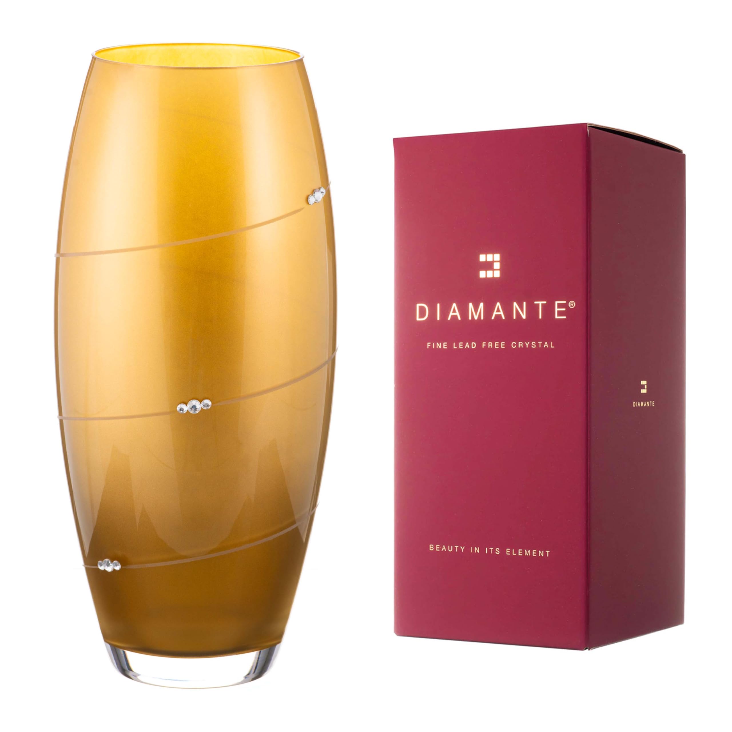 Diamante Gold Metallic Crystal Glass Vase - Silhouette Barrel Bullet Shape Embellished With Swarovski Crystals - 30Cm Gift Box