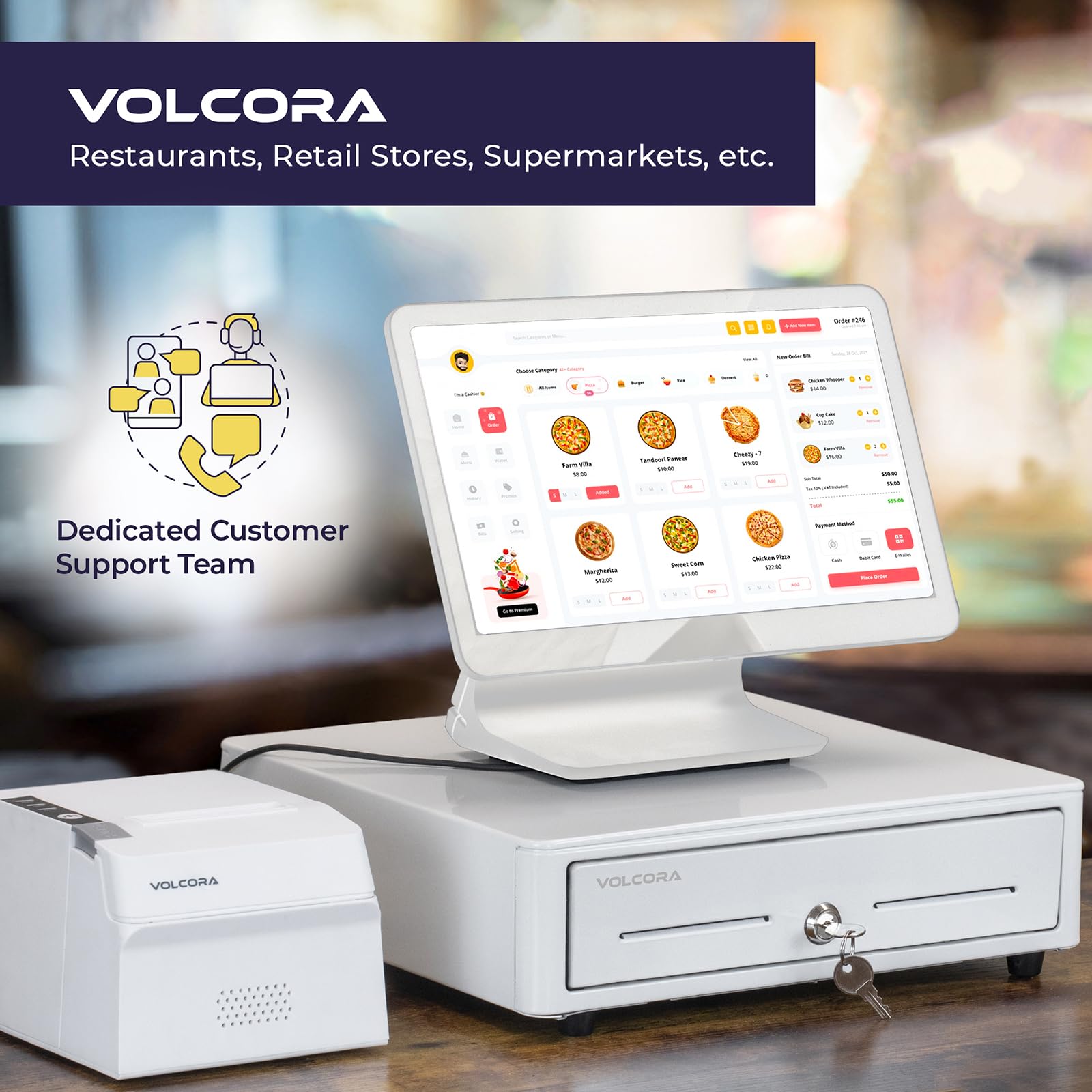 Volcora Tiroir de caisse enregistreuse pour système de point de vente (POS) avec coin rond de 33 cm, plateau amovible pour pièces de monnaie, 4 billets/5 pièces, 24 V, serrure à clé RJ11/RJ12, fente
