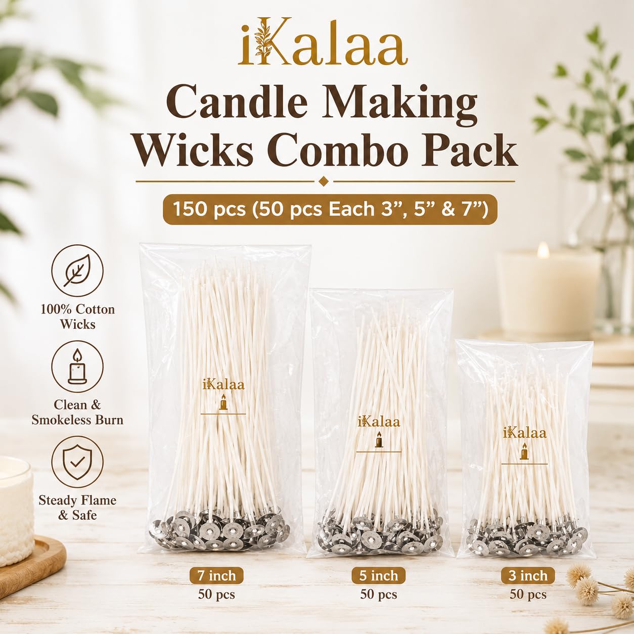 iKalaa® Candle Making Wicks Combo Pack | 150 pcs (50 pcs Each 3”, 5” & 7”) | Pre-Waxed Cotton Wicks with Metal Sustainers | DIY Candle Supplies