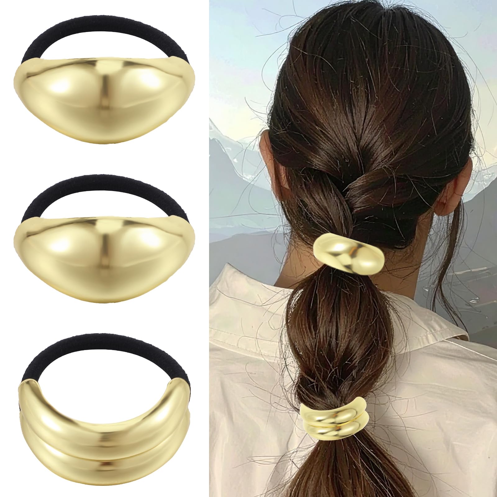 Xindojuz 3 PCS Gold Ponytail Cuff, Metal Hair Ties Bands for Thick Thin Hairs, Elegant Durable Geometric Elastic Design, Gold Hair Accessories Stretchy and Non-Damage Ponytail Cuff Holders for Women