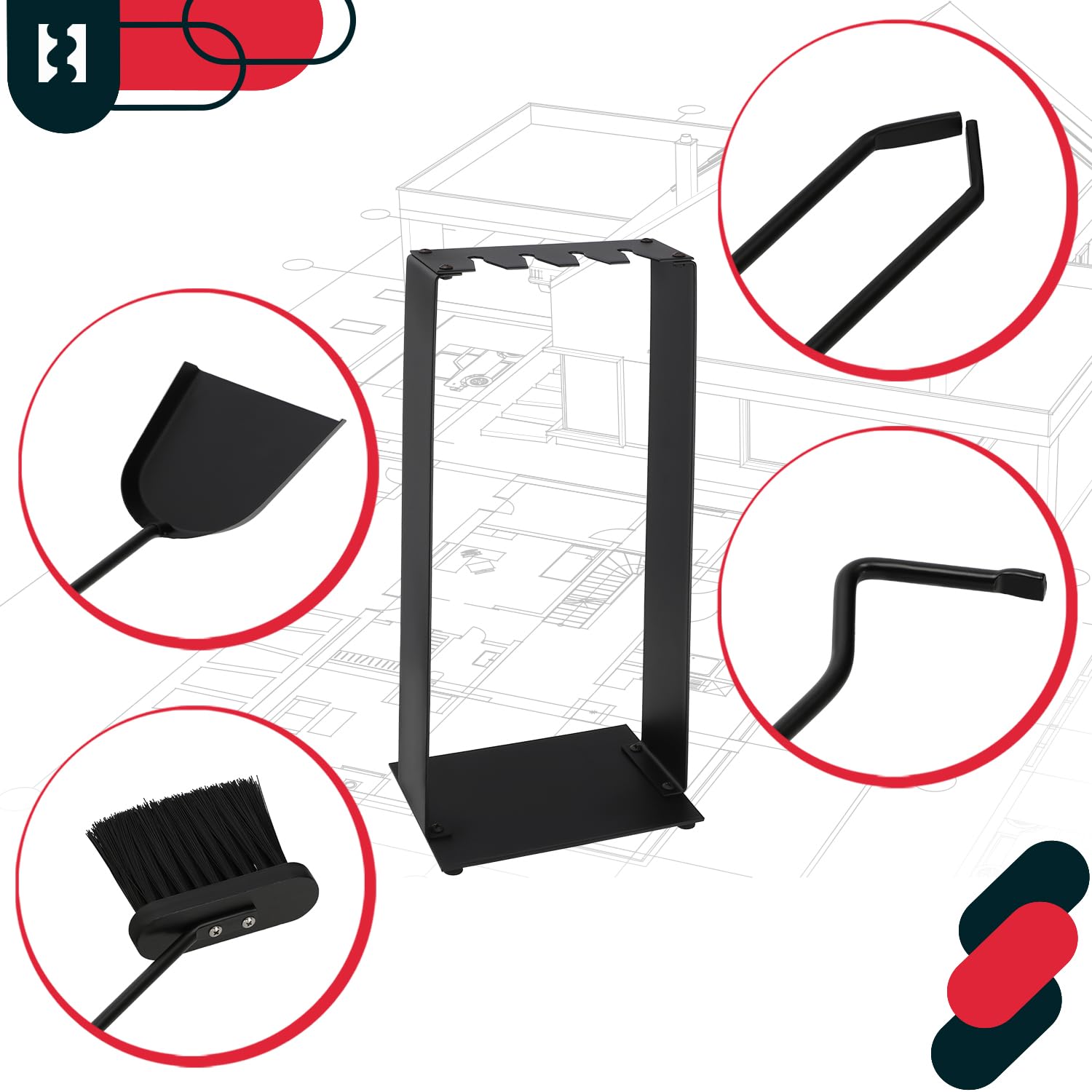 KOTARBAU® Juego de herramientas para chimenea de acero, Set de 5 piezas: escoba, pala, pinzas y atizador de ceniza con soporte de pie, Herramientas para chimenea, estufa, Negro