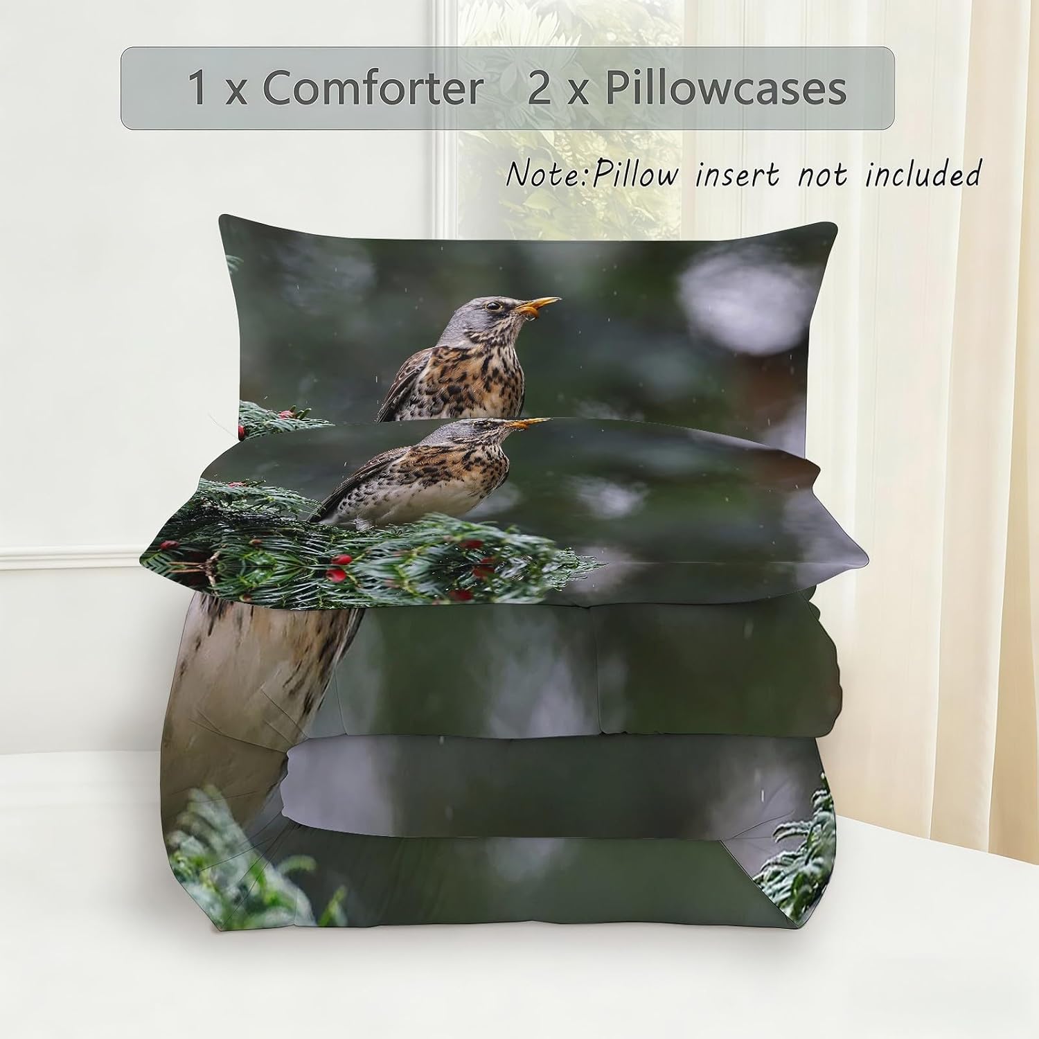 Small Bird King Size Comforter Set, Brown Comforter King Size Luxury Soft Microfiber Fluffy Printing Duvet Insert, Quilt with 2 Pillowcases for Kids and Adults YUb2717