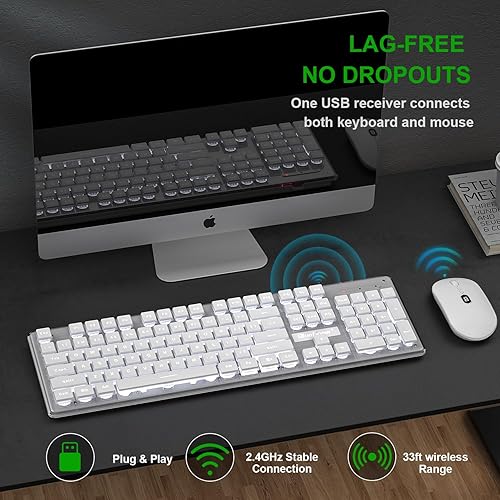 Miniatura 2 de BlueFinger Teclado y mouse inalámbricos con pantalla de alimentación, Blacklit recargable, de tamaño completo, con luz silenciosa, teclado para