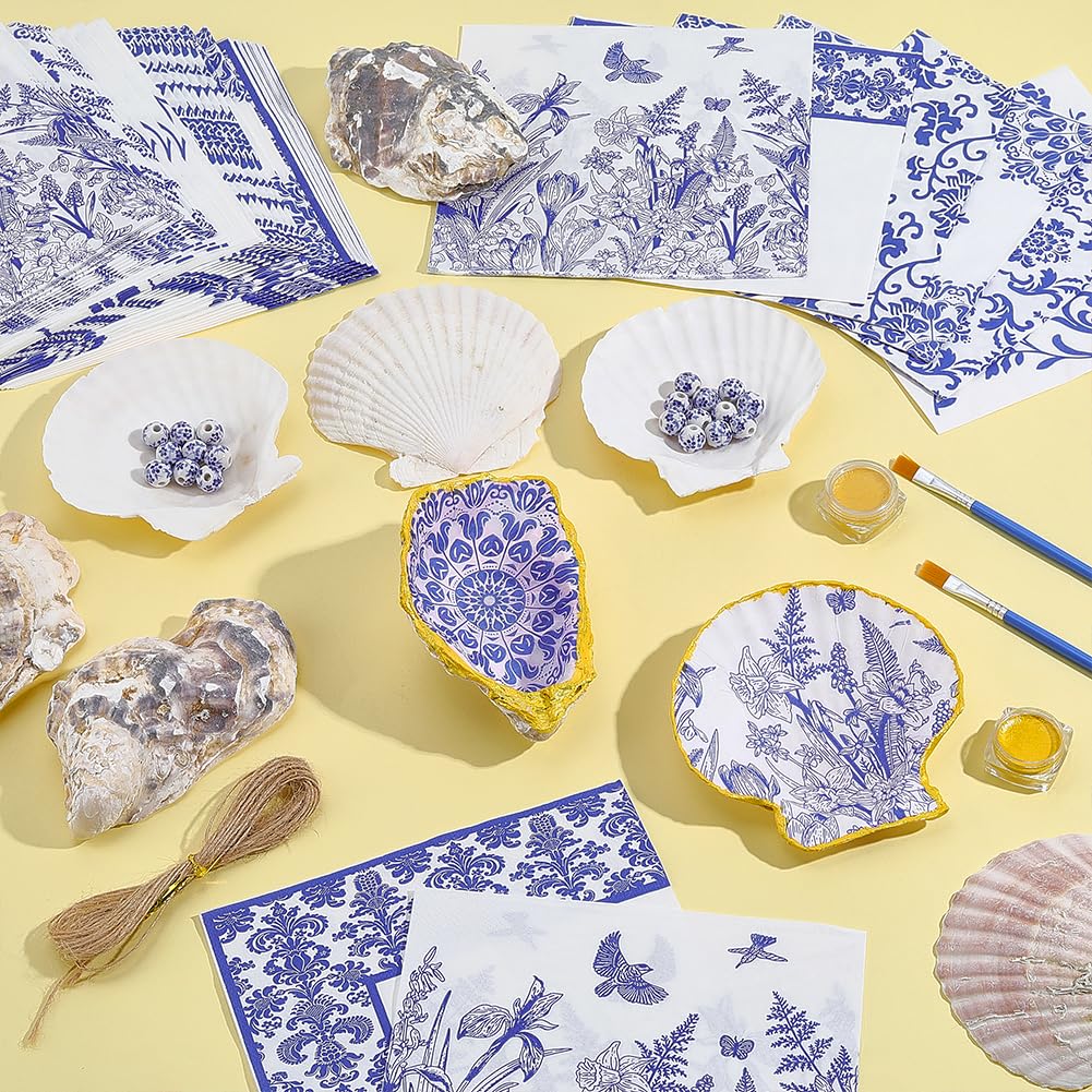 NBEADS Conchas de Ostra Naturales para Manualidades, Kit de Conchas de Ostra Incluye Servilletas con Motivo de Porcelana Azul y Blanca, Cuentas de Porcelana Pinceles para Decoración Colgantes DIY