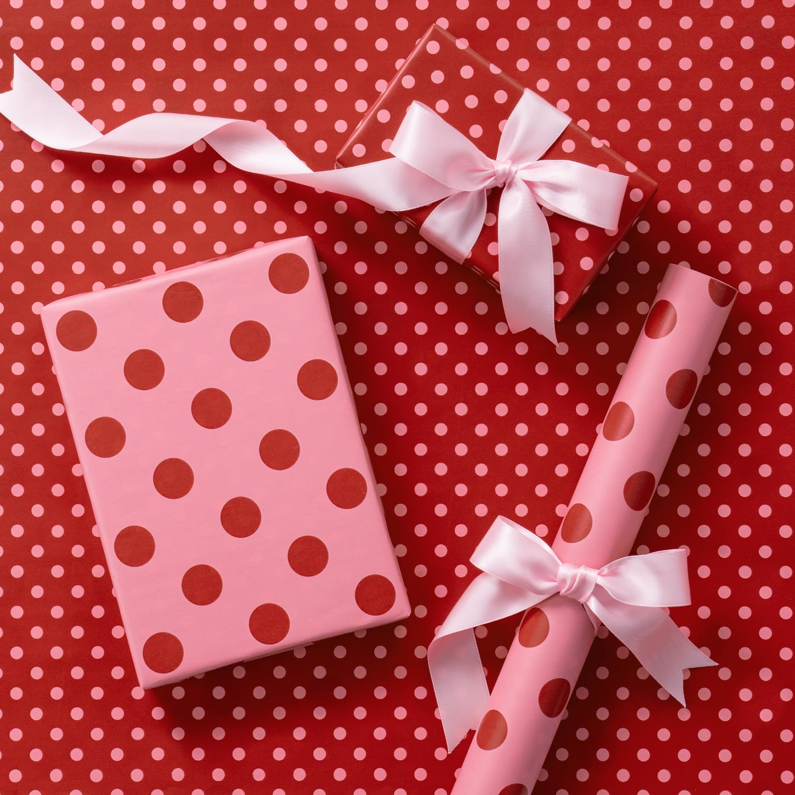 RUSPEPA Mini Reversible Pink Red Polka Dot Wrapping Paper Large Small Dots Romantic For Birthdays Valentine's Day Anniversaries Weddings Bridal Showers 43.2cm x 5m
