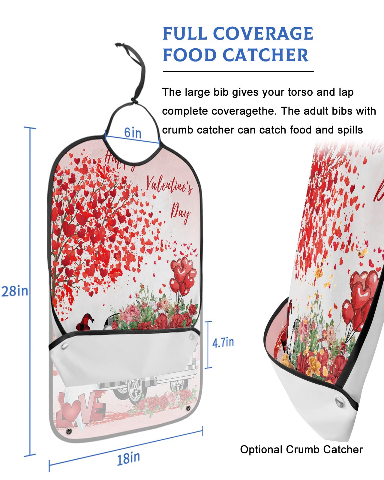 Valentines Gnomes Adult Bibs for Eating, Waterproof Bibs with Food Catcher & Adjustable Snap Closure, Black White Plaid Truck Love Heart Tree Clothing Protectors Adult Bibs for Elderly Women/Men