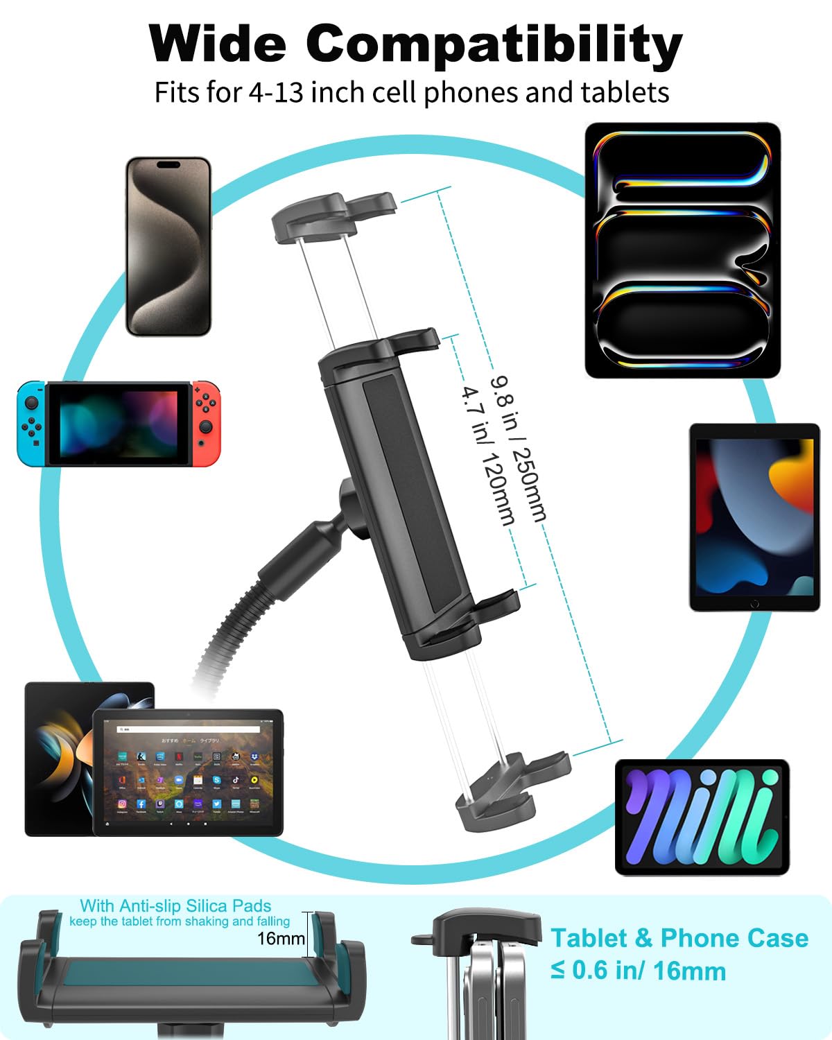 Supporto Tablet a Collo di Cigno per Cyclette, Regolabile 360° Porta Tablet Spinning Bicicletta, Supporto Tablet per Microfono per iPad Pro Air Mini, iPad 10.9", Galaxy Tab S A, 4"~13" Tablet