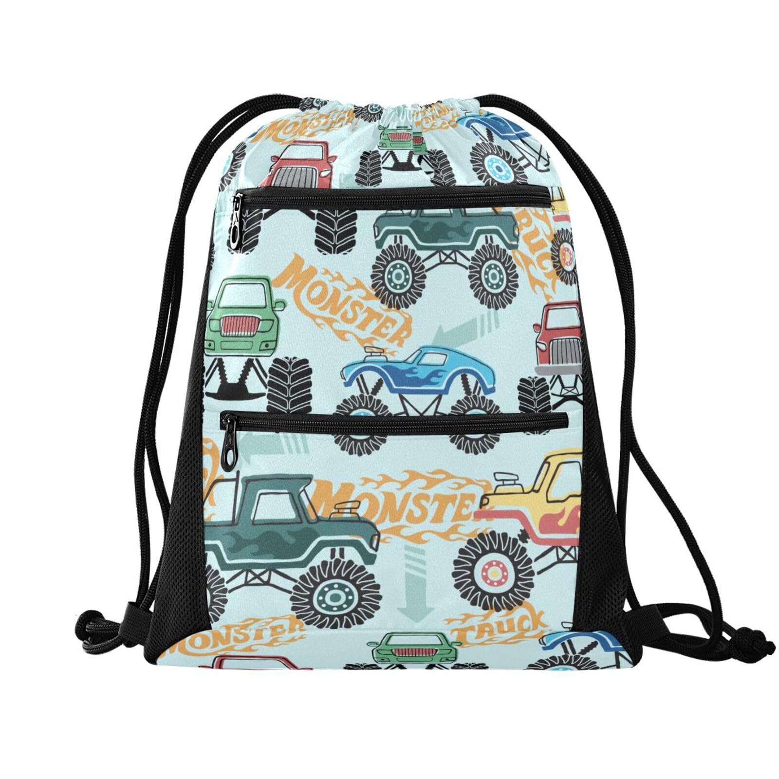FRODOTGV Seamless Pattern Monster Cartoon Truck String Bag with Mesh Pockets Sports Gym Yoga Sackpack Water Resistant Drawstring Backpack for Men โ image 1
