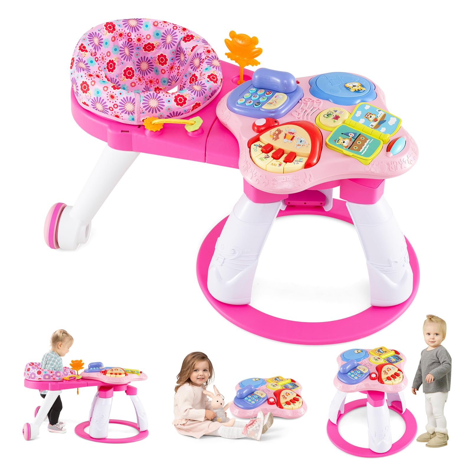 Centro de actividades para bebés HONEY JOY Centro de actividades Discovery y mesa con asiento giratorio de 360 ​​grados, 3 alturas ajustables, sonidos musicales, juguetes de desarrollo, centro de actividades para bebés de 6 a 36 meses, color rosa