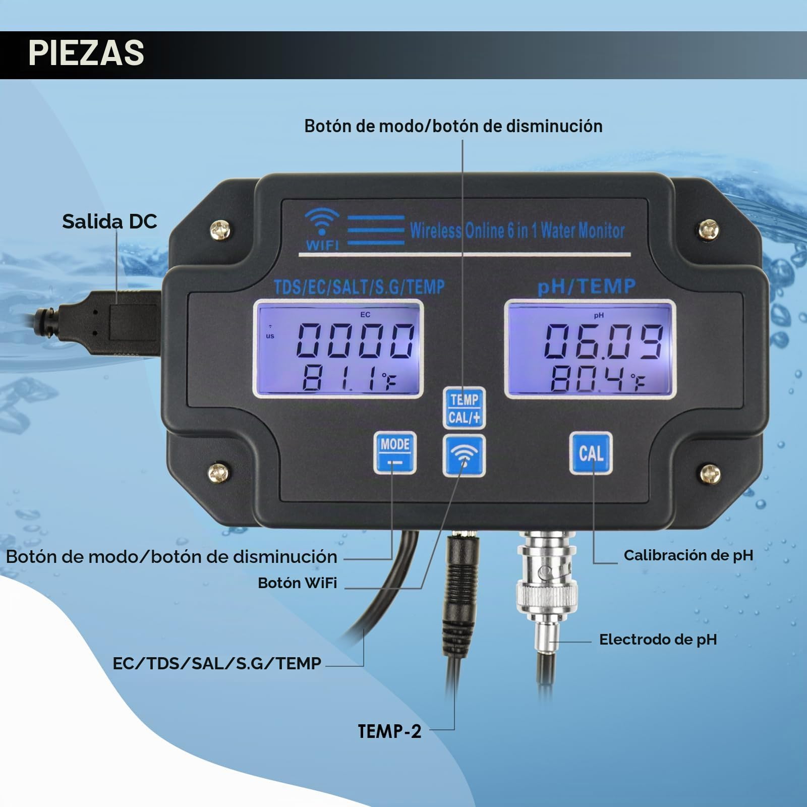Probador de Calidad de Agua Inteligente 6-en-1 – Monitor WiFi/App para pH, EC, TDS, Temperatura, SG y Sal | Alertas en Tiempo Real | Perfecto para Hidroponía, Acuarios, Piscinas y Agua Potable