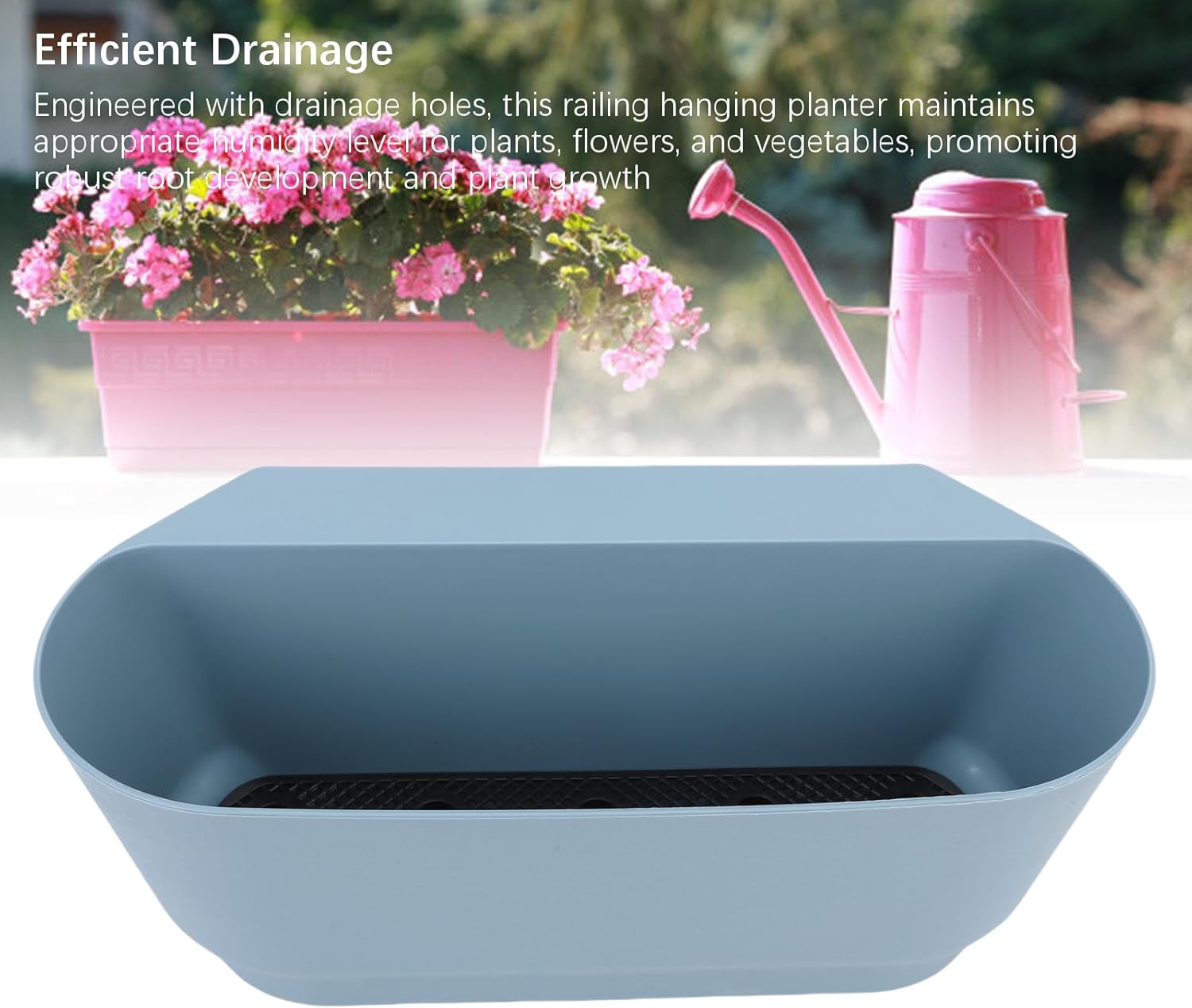 Railing Flower Pots, 3PCS Hanging Planter Box Balcony with Drainage Holes for Plants Flowers Vegetables, 45x18x16cm (Blue)