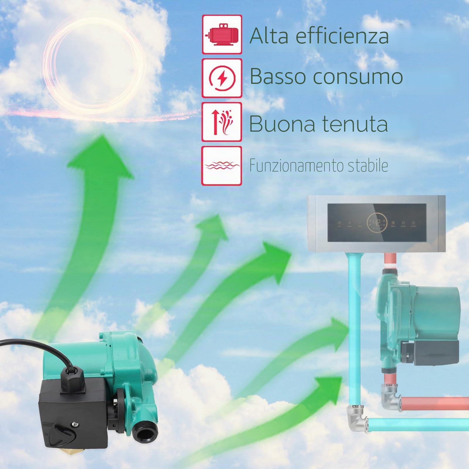 Pompa di circolazione, RS15/9, 125W, Max Portata 9m, Portata max 1.8m³/h, NPT 3/4 ingresso/uscita, Pompa di riscaldamento in alluminio verde