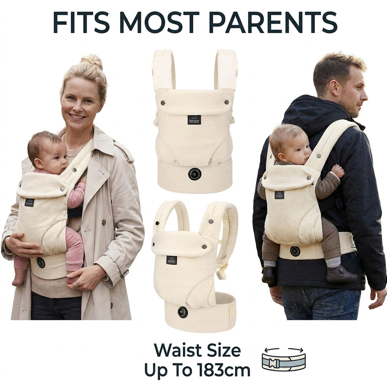 Bebamour Marsupio per bambini da 3,6 a 14,9 kg, ergonomico, confortevole, in cotone, anteriore e posteriore, beige