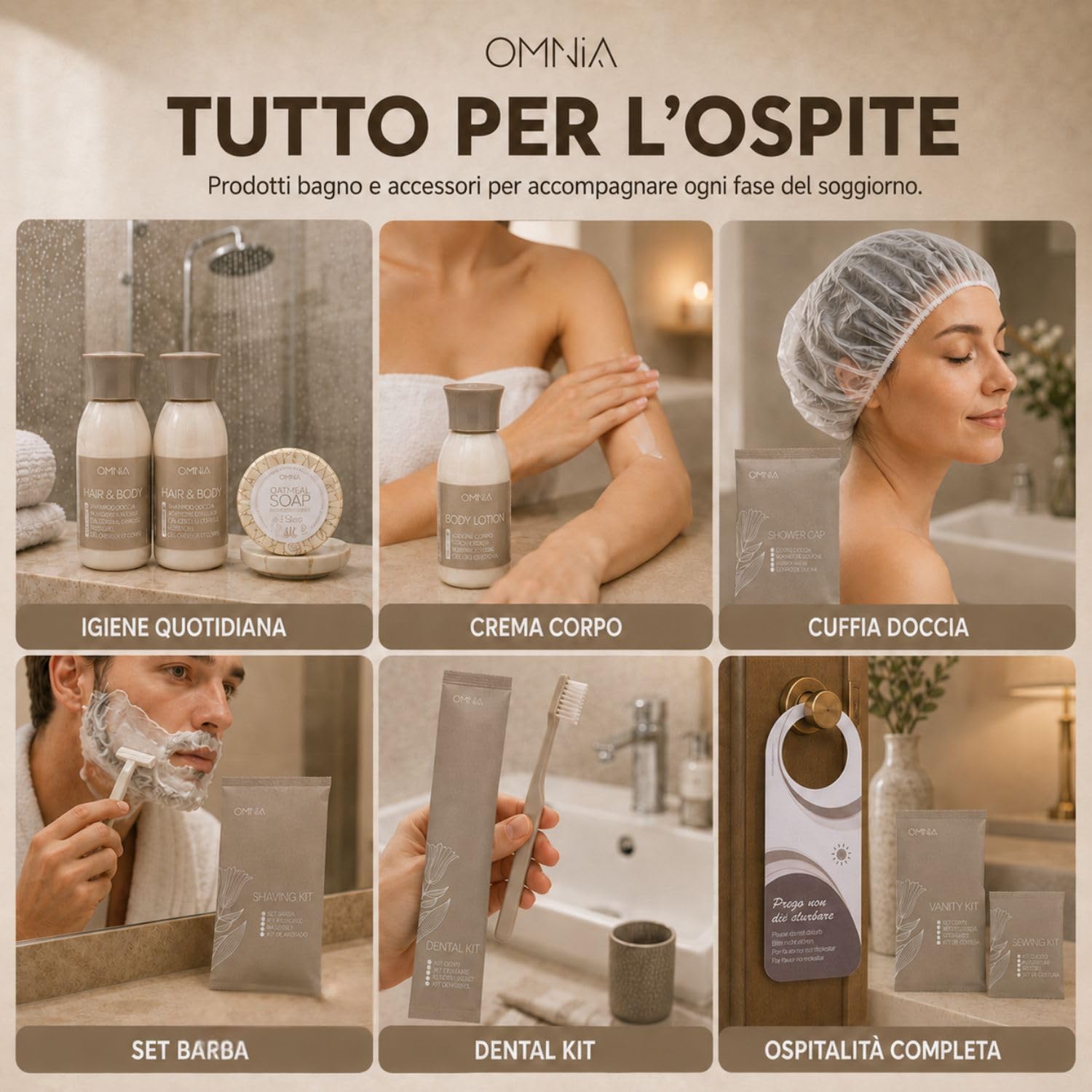 Kit Cortesia 344 Pezzi; 56 doccia shampoo, 56 crema corpo, 56 balsamo, 56 saponette, 30 cuffie monouso, 30 vanity set, 20 dental kit, 20 set barba e 20 set minicucito - omaggio 110 pezzi