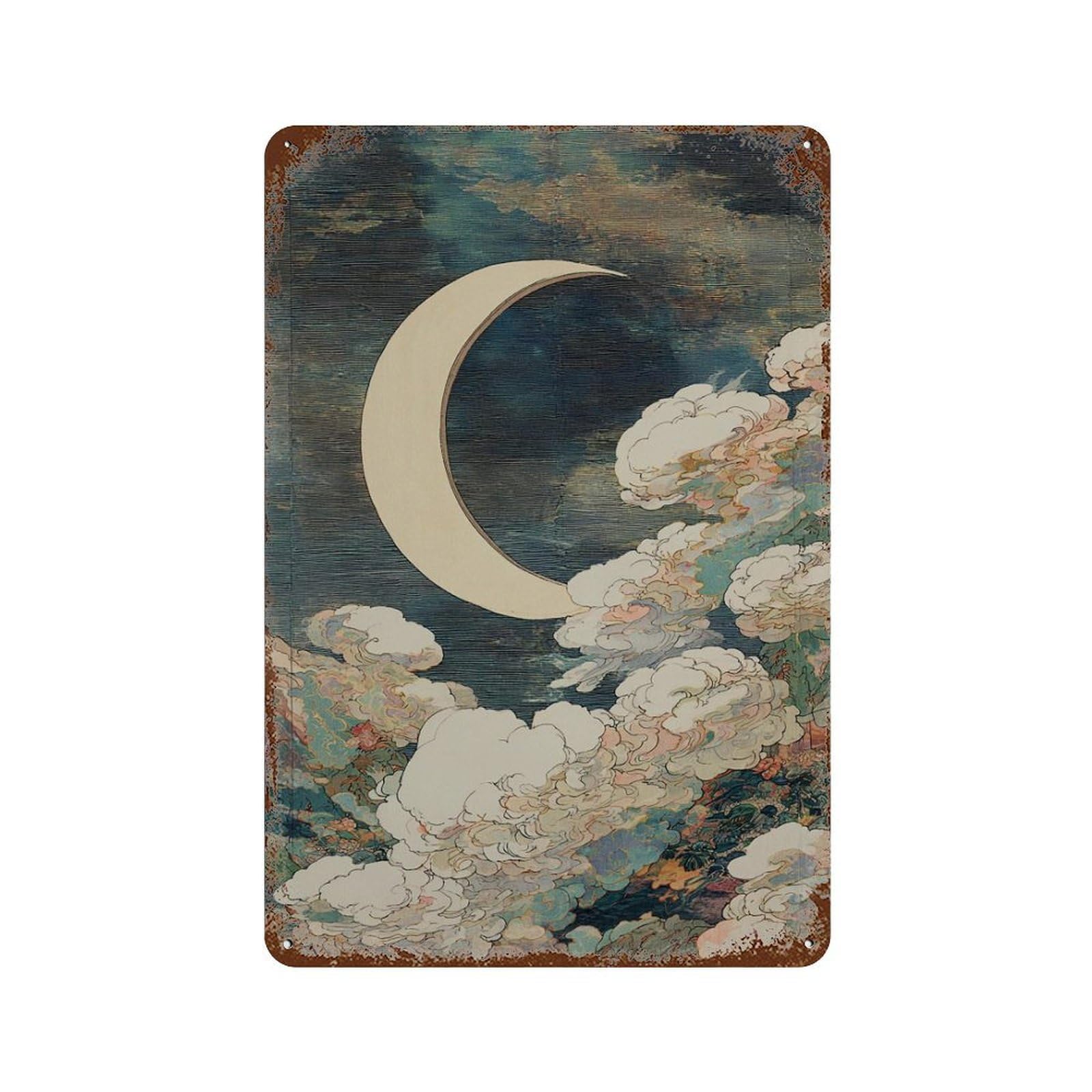 xiaoxiaoshen Japanese Moon Crescent Cloud Night Sky Minimal Celestial Wall Decor Art Metal Tin Poster Modern Home Decor Art Home Bar Shop Decorations Vintage Sign 30x20cm