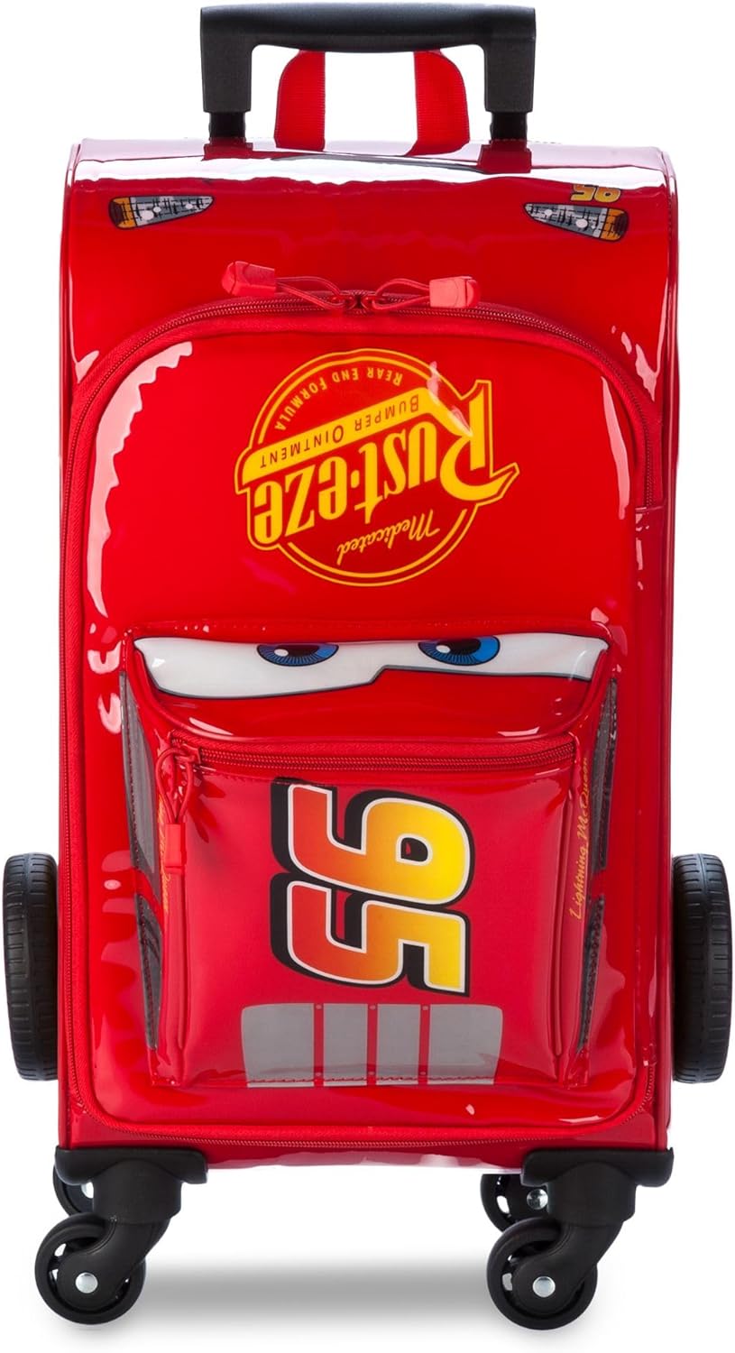 Disney Store Official Lightning McQueen Rolling Luggage for Kids – Travel Bag Featuring Pixar Cars Design & Rolling Spinner Wheels - Vinyl Travel Suitcase with Retractable Handle & ID Pocket