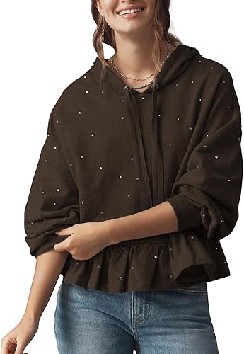 IQSQSQ Women's Drop-Shoulder Hoodie with Flounce Hem - Drawstring Pullover Sweat