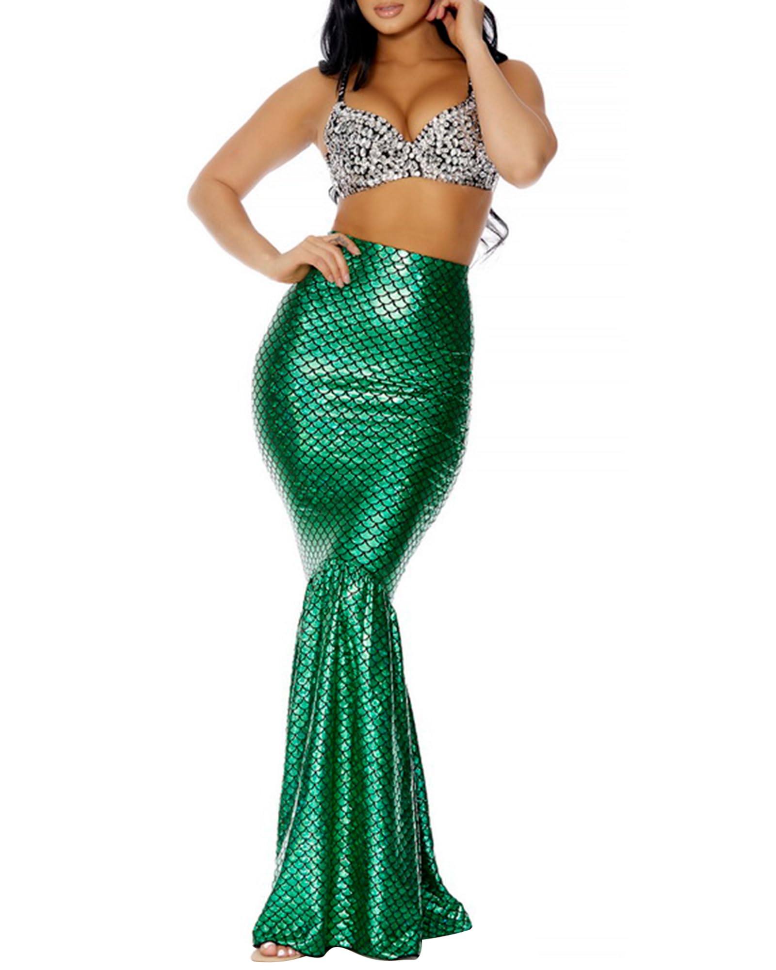 ZZLBUF Women Halloween Mermaid Costumes High Waist Bodycon Fishtail Skirt for Cosplay Masquerade Role-Playing Party Outfits (Green, L)