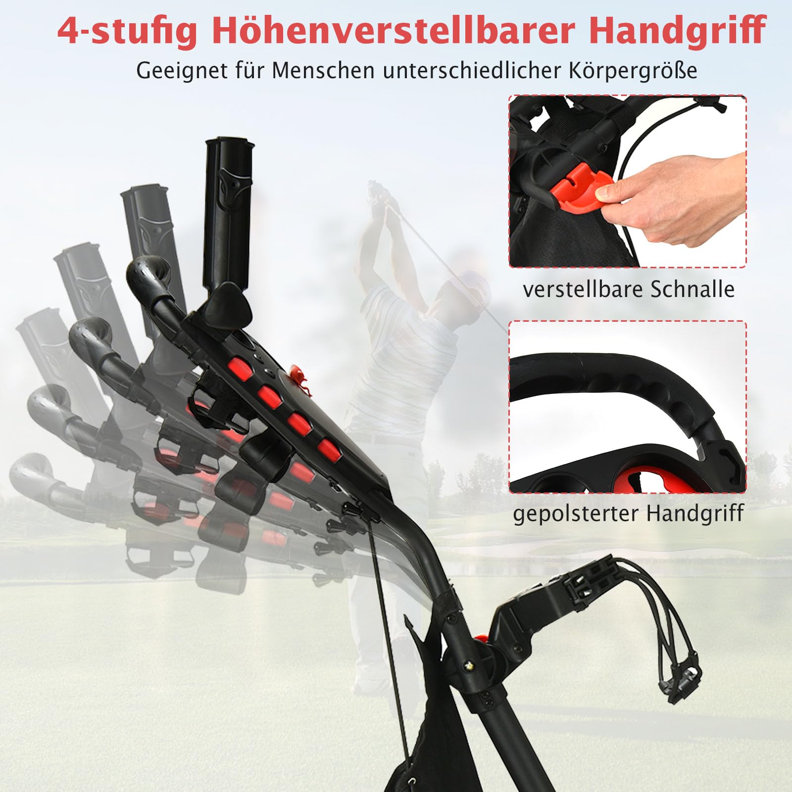 COSTWAY Golf Trolley, 4 Rad Golftrolley, Golfwagen klappbar, Golfcaddy aus Aluminum, Golfcaddy mit Schirmhalter, T-Stückhalterung und Aufbewahrungstasche