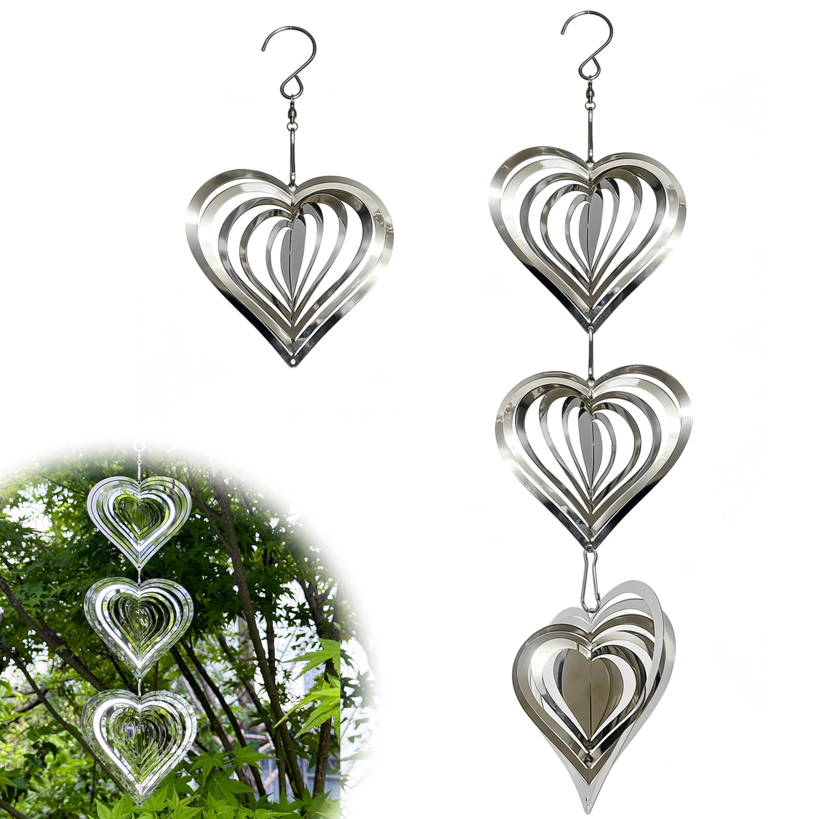 Pack of 2 Heart Wind Chimes, 3D Metal Wind Chimes, Rotating Wind Spiral for Living Room, Corridor, Window Decoration, Garden, Balcony, Patio, Heart-Shaped Wind Spinner with Suspension