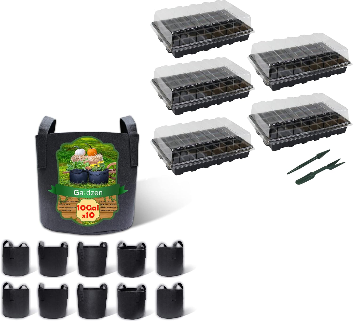 Gardzen 10-Pack 10 Gallon Grow Bags, Aeration Fabric Pots with 5-Set Garden Propagator Set, Seed Starter Tray 15" x 9" (40-Cell Per Tray)