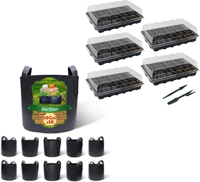 Gardzen 10-Pack 10 Gallon Grow Bags, Aeration Fabric Pots with 5-Set Garden Propagator Set, Seed Starter Tray 15" x 9" 40-Cell Per Tray