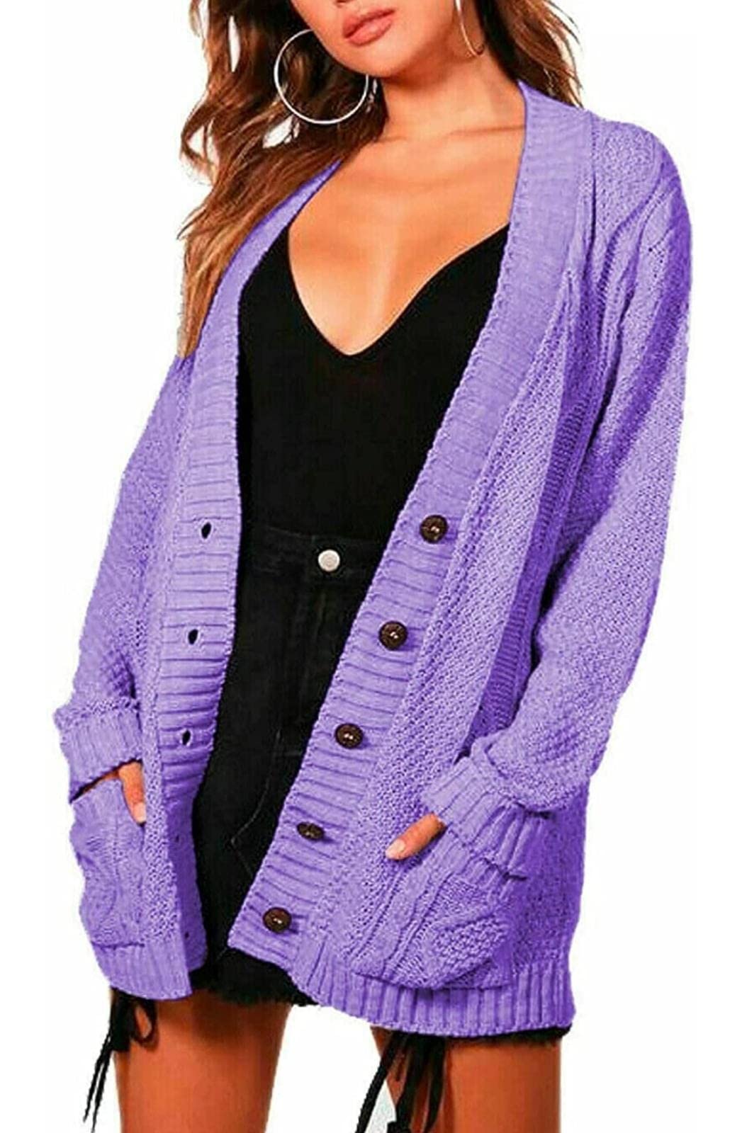 Womens Ladies Knitted 5 Button Long Sleeve Grandad Cardigan Pockets Casual Winter Jumper Sweater Top Lilac
