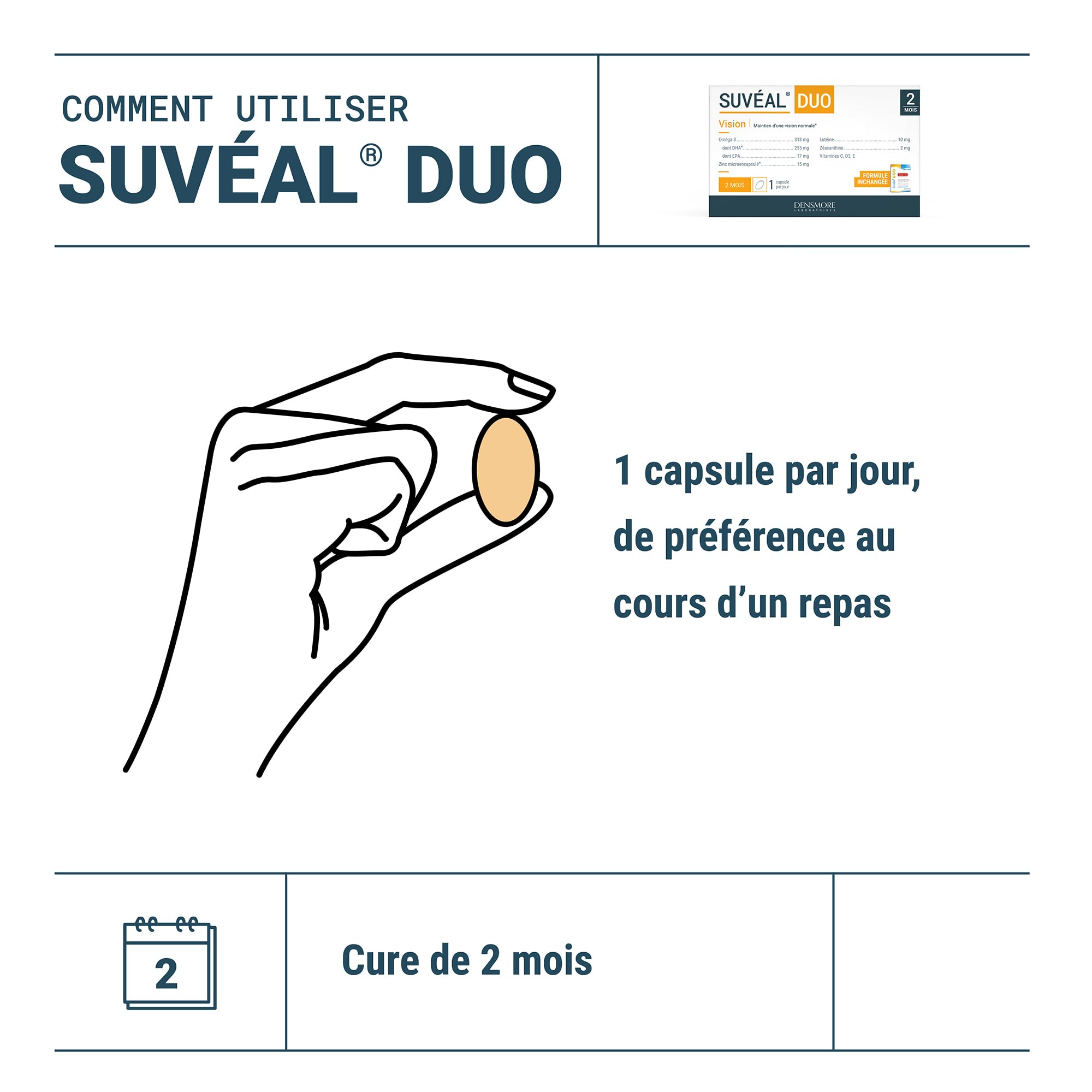 Densmore - SUVEAL Duo - Complément Alimentaire Ophtalmologique à base de DHA (Oméga 3), Lutéine, Zéaxanthine, Vitamines et Zinc - Idéal Vision - 60 Capsules - Cure de 2 mois - Fabriqué en France