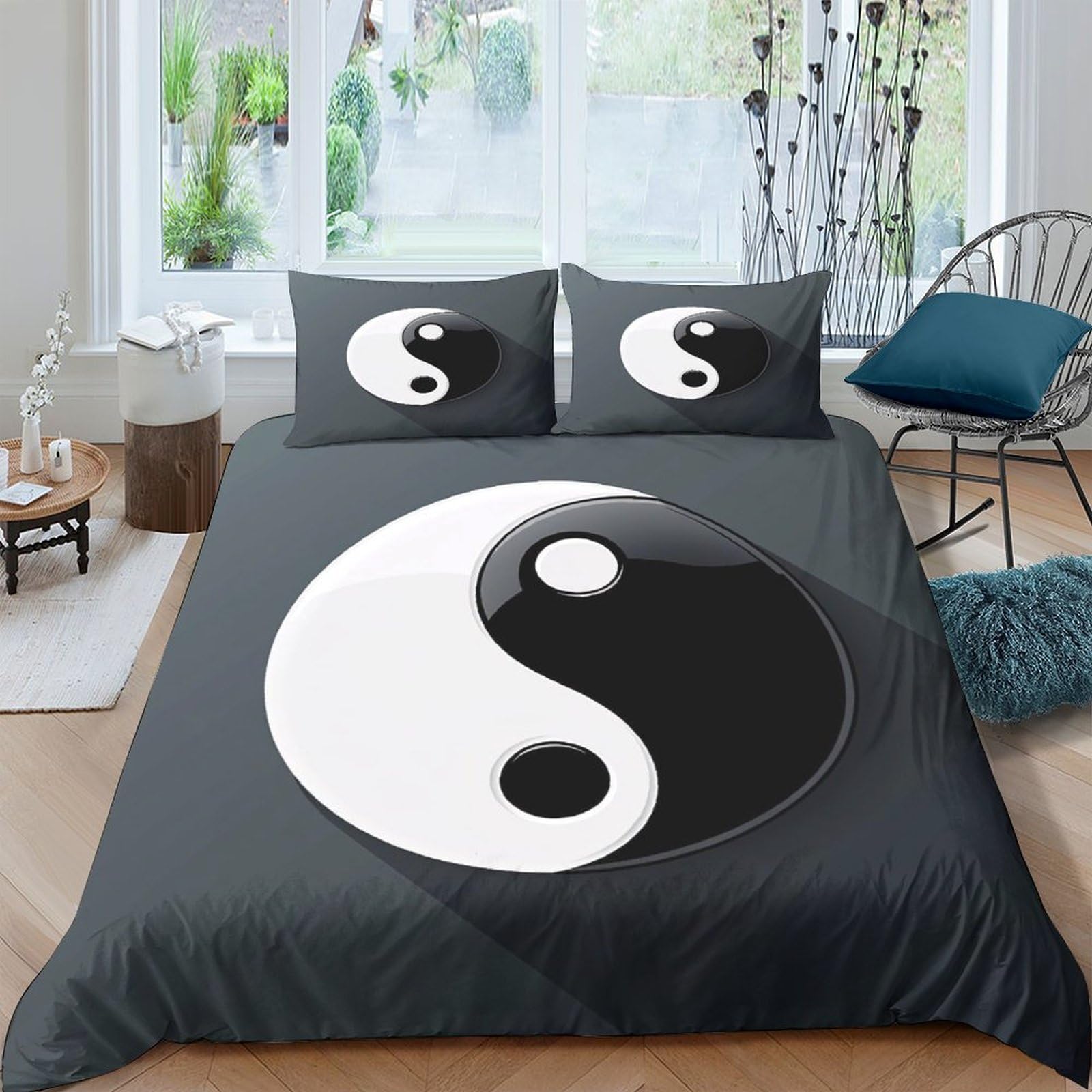 TUFRTGYHN 3D Printed Yin Yang Duvet Cover Microfiber Soft Breathable Black White Mandala Bedding Set with 2 Pillowcases for Bedroom Decor Single（135x200cm）