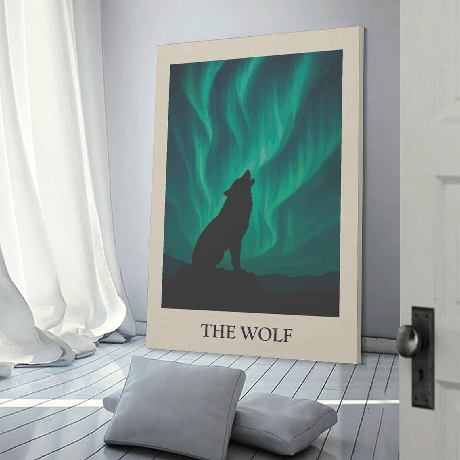 Junmoney Home Decor Wall Art Wolf Howling Under Aurora Borealis, 20x30inch(50x75cm), for Flats, Guest Rooms Or Compact Rooms, Wall Decor with Flexible Room Appeal