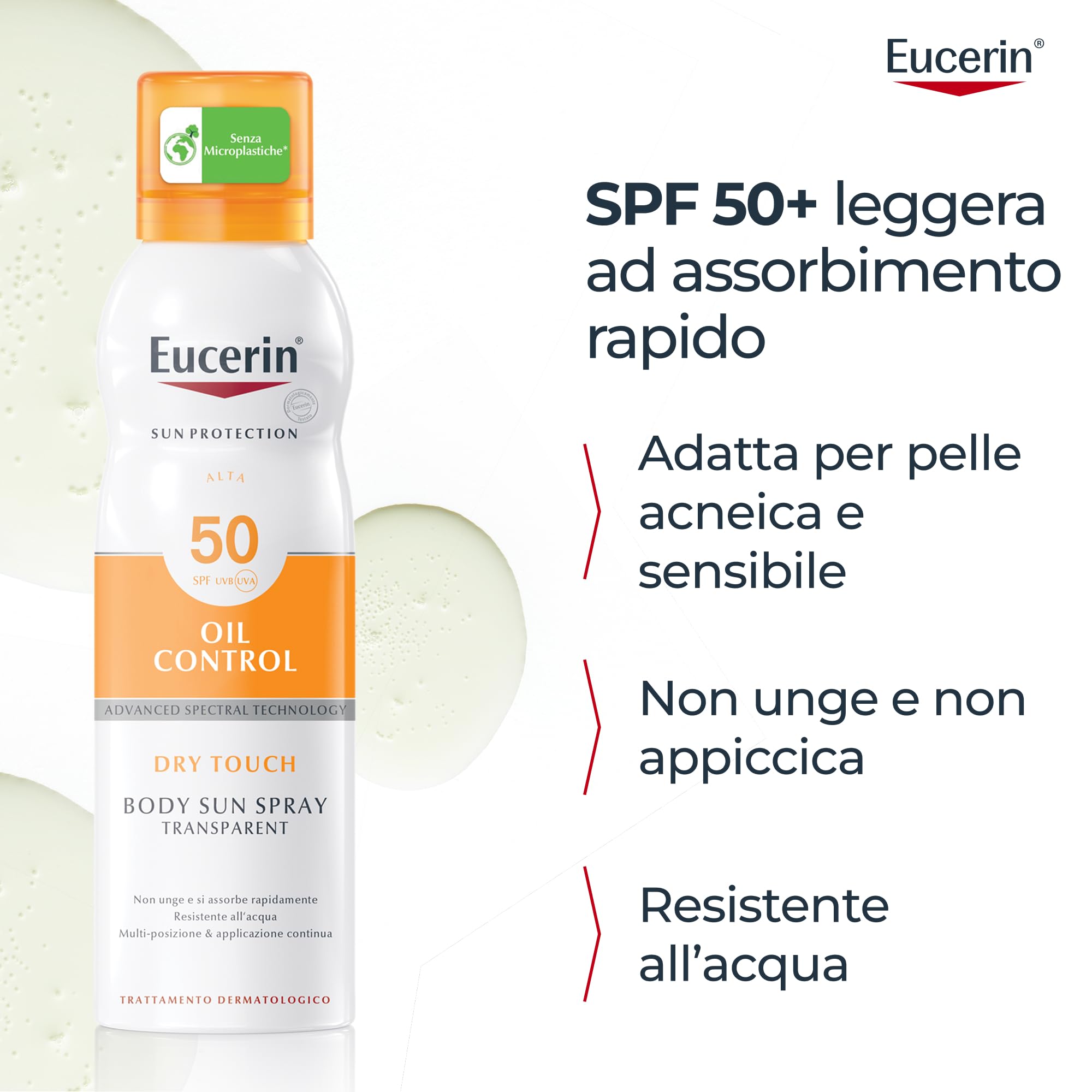 Eucerin Oil Control Body Sun Transparent Dry Touch SPF 50 200 ml, Crema solare 50 spray con filtri UVA/UVB, Protezione solare 50 spray trasparente per pelle sensibile e acneica