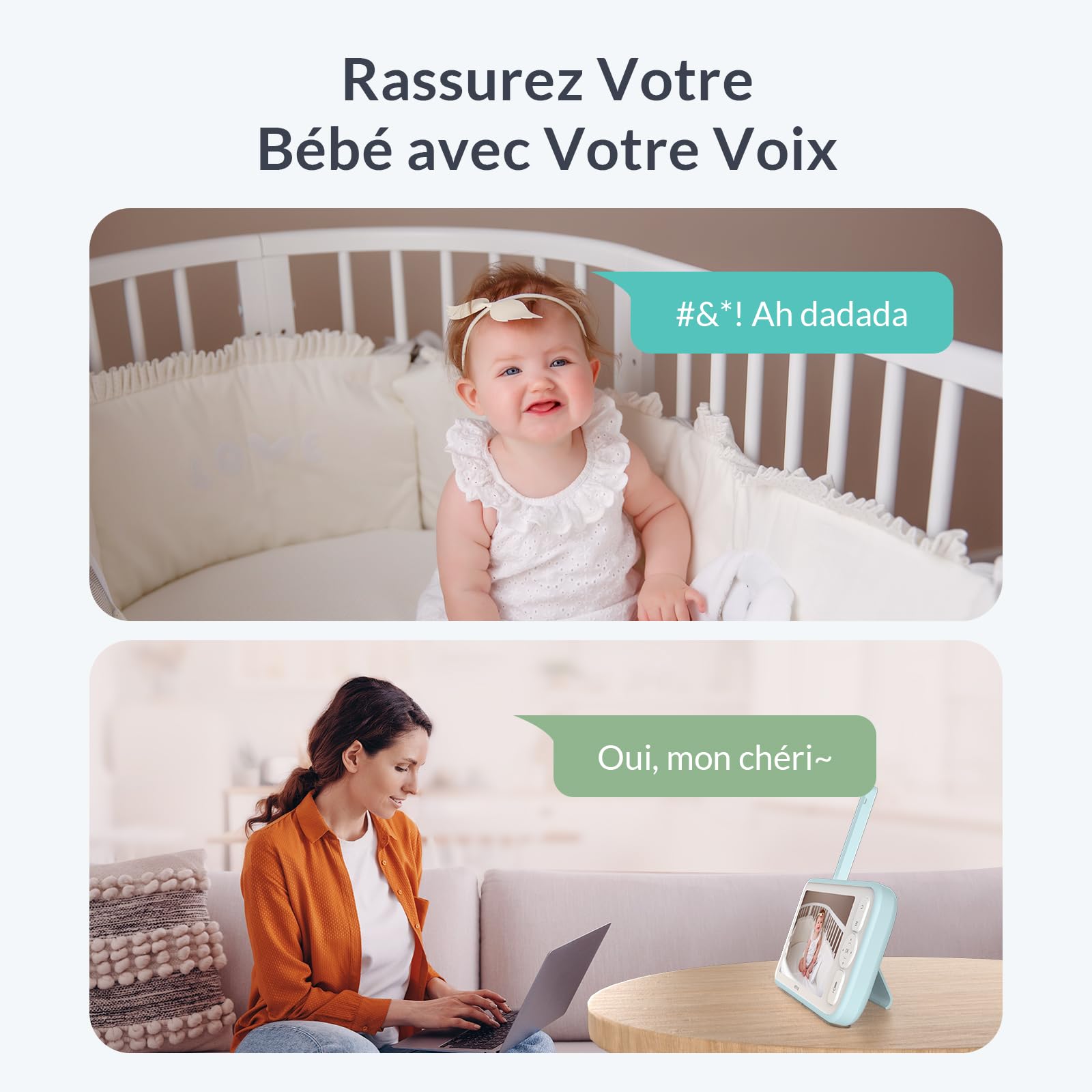 NETVUE Bleu Babyphone Camera 1080P avec Support 4 en 1, sans Fil 5" Babyphone 5000mAh, sans WiFi Camera Bebe avec App, Vision Nocturne, Audio Bidirectionnel, Détection des Pleurs, Mode VOX