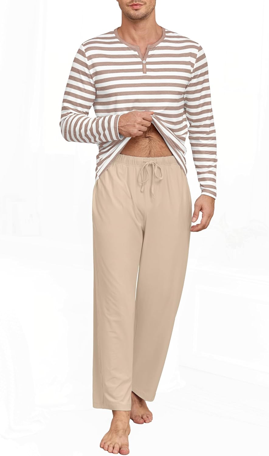 PrinStory Men's Pajamas Set Long Sleeve Pjs 2 Piece Comfy Pajama Sleepwear Henley Loungewear Sets with Pockets - Image 4