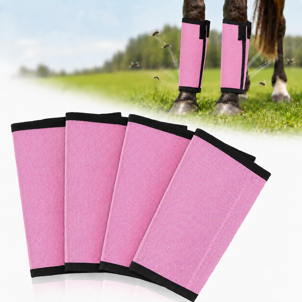 Fly Boots for Horses Set of 4 - Breathable Mesh Equine Leg Protection,Anti-Sag Stay-On Horse Fly Boots,Reduces Stomping & Fatigue,UV-Block, Adjustable Fit for Medium to Large Horses (Pink)
