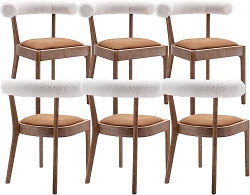 Juego de 6 sillas de comedor de piel sintética, modernas de mediados de siglo, con respaldo abierto curvado con patas de madera de nogal natural