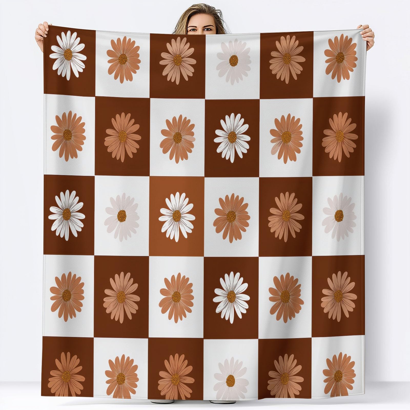 Nowoczesny geometryczny koc flanelowy w kratkę stokrotka 180 x 200 cm Koce polarowe z mikrofibry Polar Na wszystkie pory roku do podróży Łóżko Sofa Dzieci Dorośli, Kawowy Brązowy