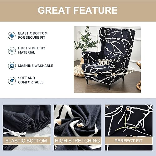 Miniatura 3 de Eco-Ancheng Funda para silla Wingback, 2 piezas, respaldo de ala, fundas de elastano para sillón con respaldo de ala, fundas para sillón con parte