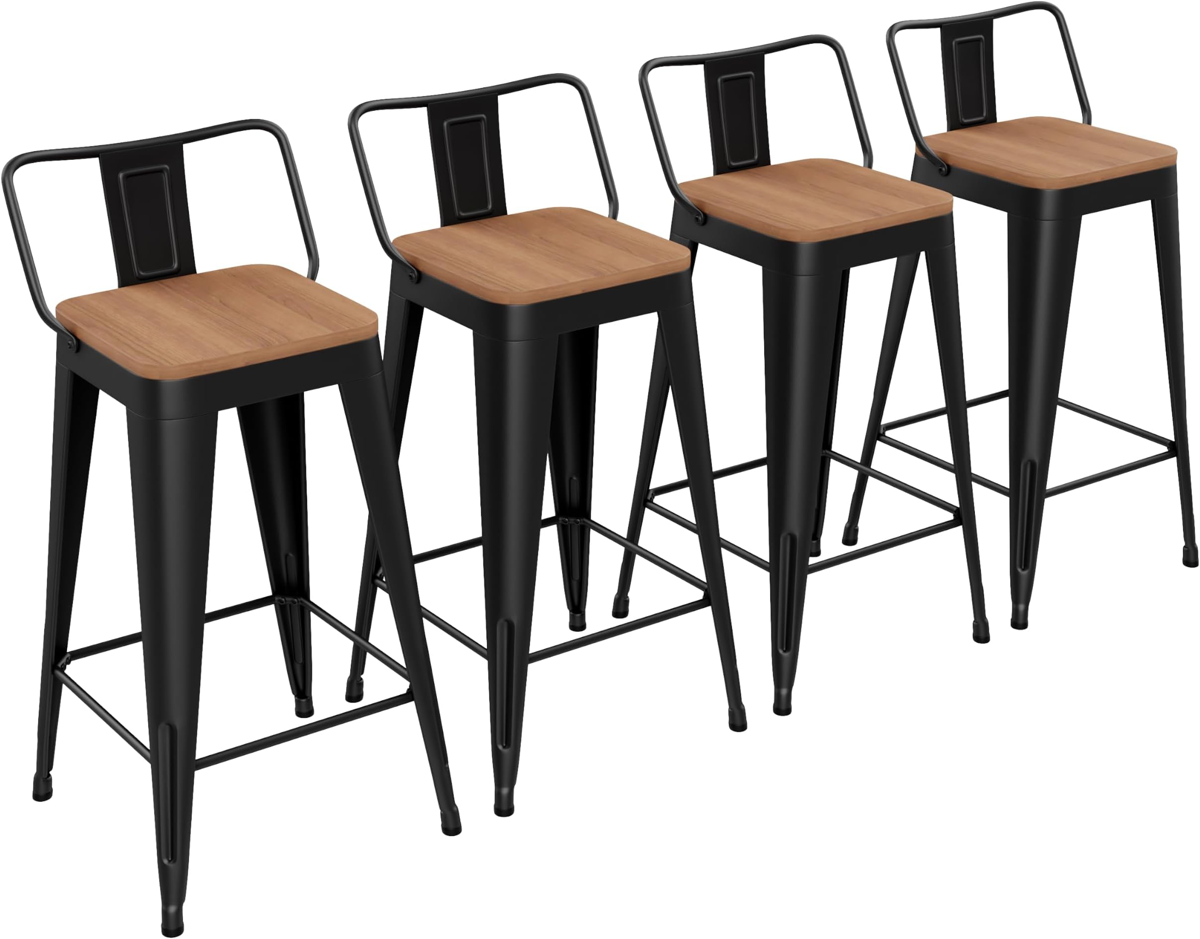 Yongchuang 24" Metal Barstools Set of 4 Counter Bar Stools with Wood Top Low Back Matte Black