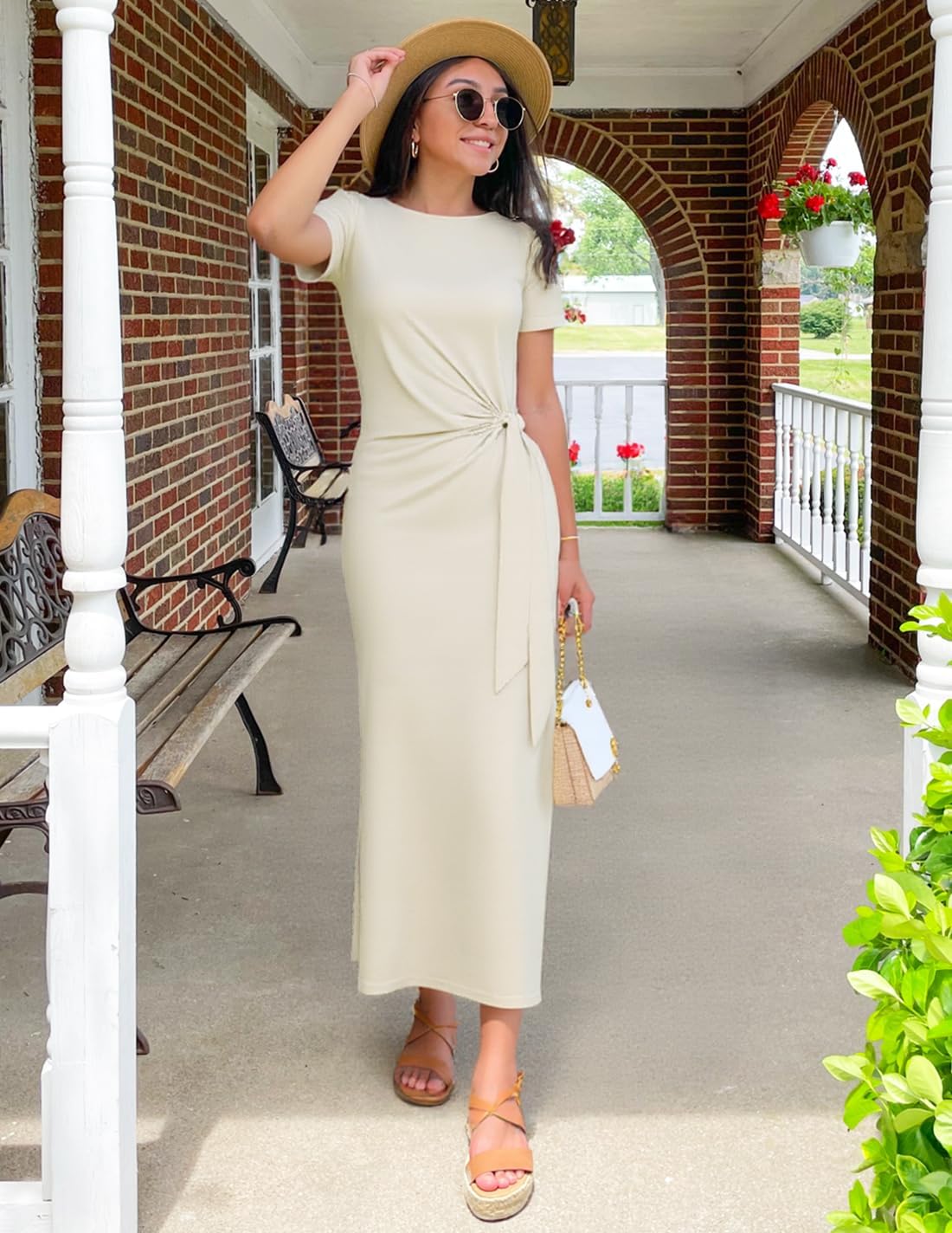 ZESICA Women's Summer Short Sleeve Bodycon Midi Dresses 2026 Casual Crewneck Knit Wrap Tie Waist T Shirt Long Dress - Image 5