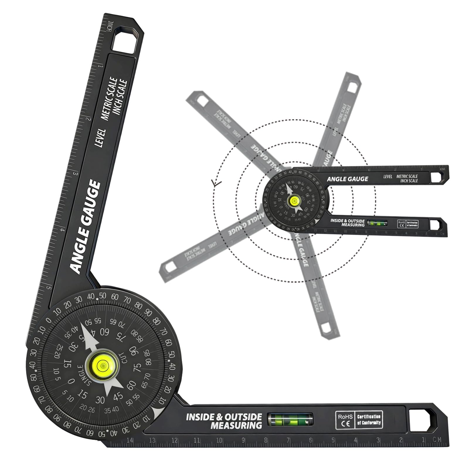Miter Saw Protractor, 7 Inch Protractor with Level, High Precision Laser Marking, 360° Miter Angle Measuring Instrument for Carpenters, Decorators, Plumbers and All Construction Trades