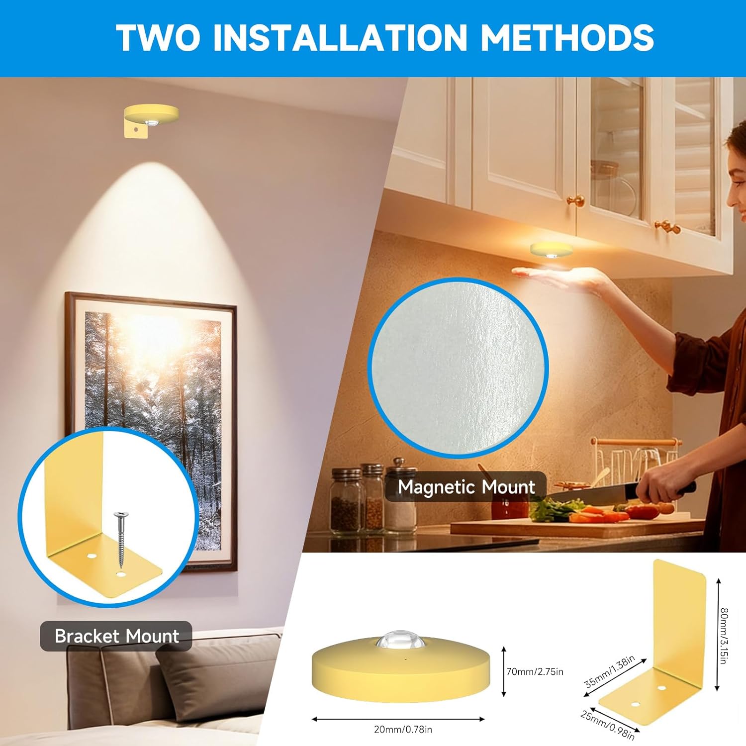 Rechargeable Picture Lights for Wall,Under Cabinet Lighting,1500mAh Rechargeable Battery Operated Picture Frame Lights for Kitchen, Closet, Shelf - 3 Color Temps & 13 RGB (12 Packs Glod)