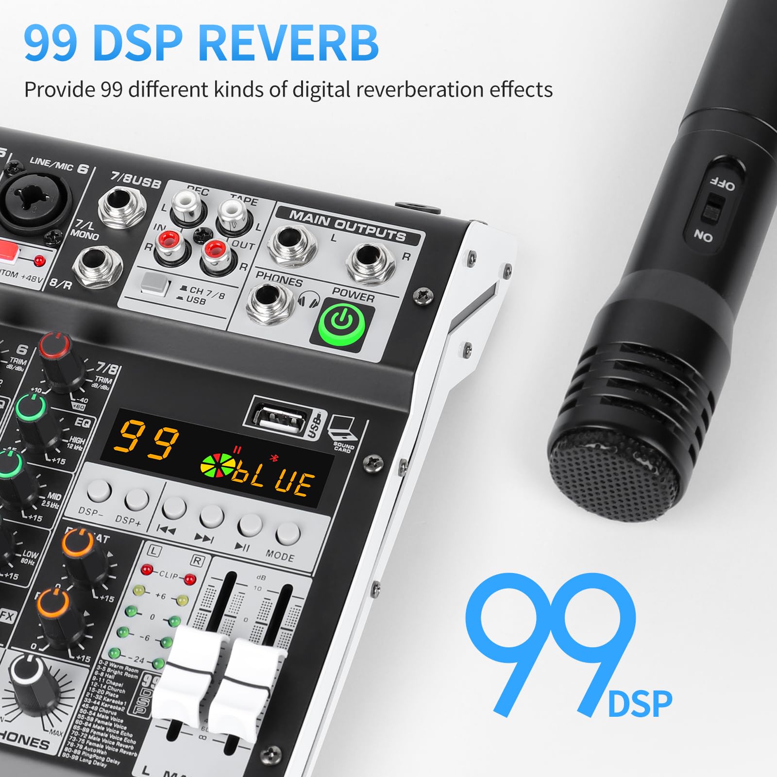 XTUGA Mezclador de audio de 8 canales de 8 m para podcasting, grabación, actuaciones, consola de mezcla de tablero de sonido DJ con 99 efectos DSP, alimentación fantasma de 48 V, Bluetooth