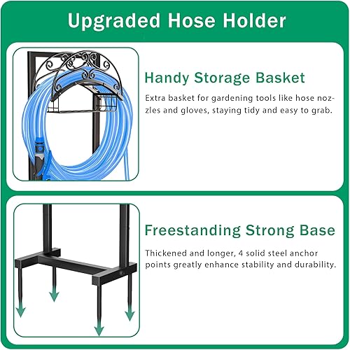 Miniatura 2 de Soporte para manguera de jardín, soportes de manguera de agua independientes para exteriores con cesta de almacenamiento, soporte de manguera