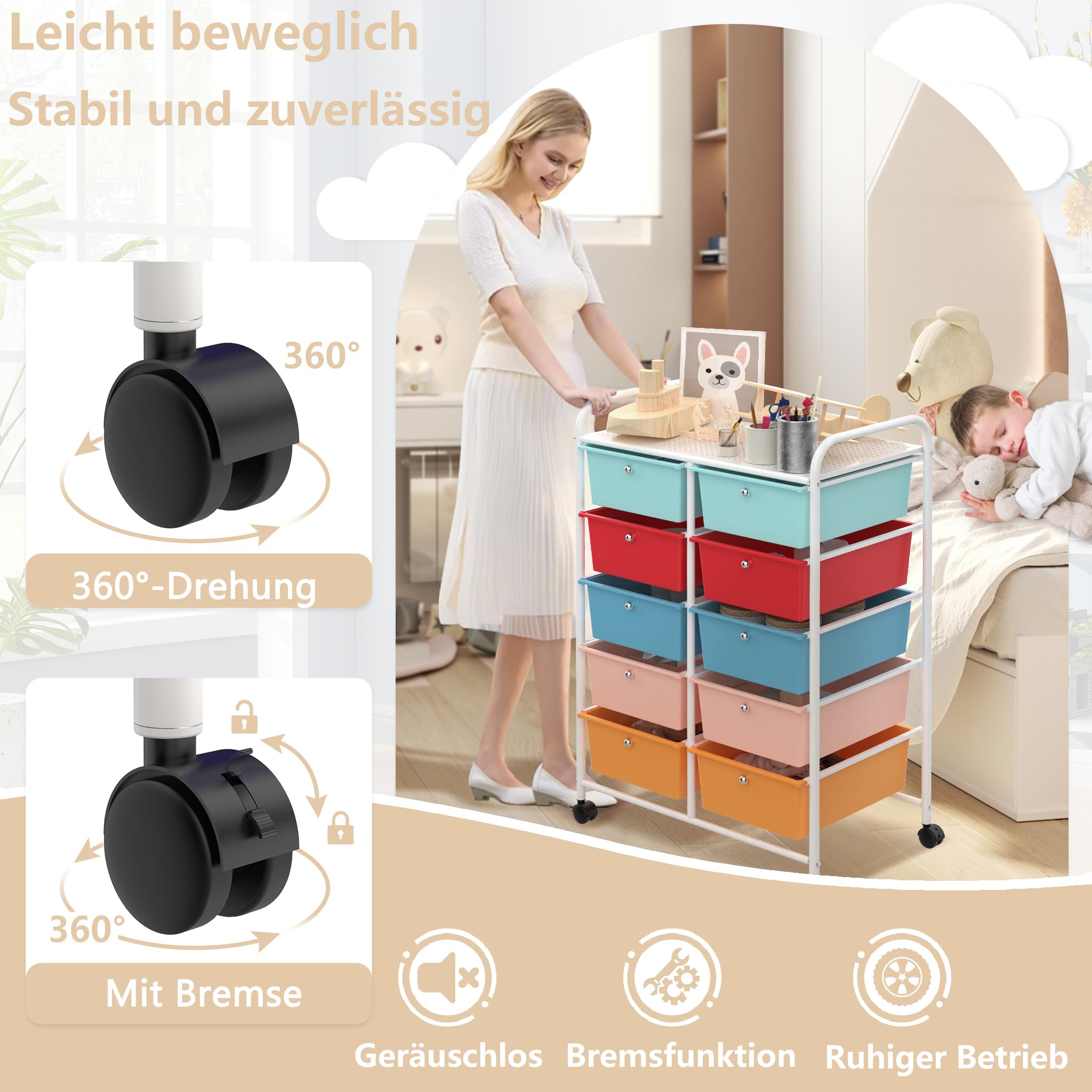 YRHome Chariot de salle de bain avec 10 tiroirs empilables - Chariot de cuisine - Chariot de rangement avec freins et roulettes - Chariot de rangement pour cuisine, salle de bain, bureau - 96 x 39,5 x